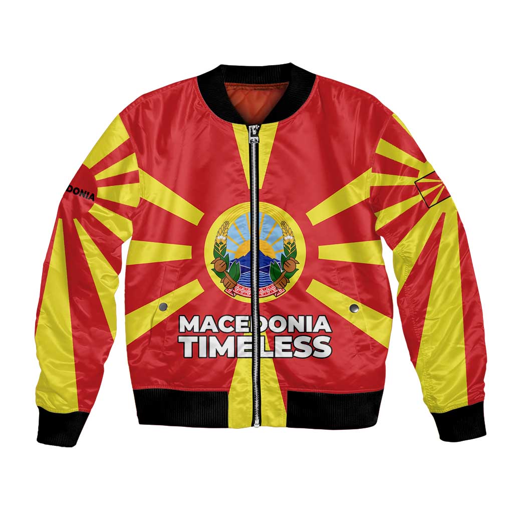 Macedonia Bomber Jacket with National Emblem and Sunburst Flag Design - Wonder Print Shop