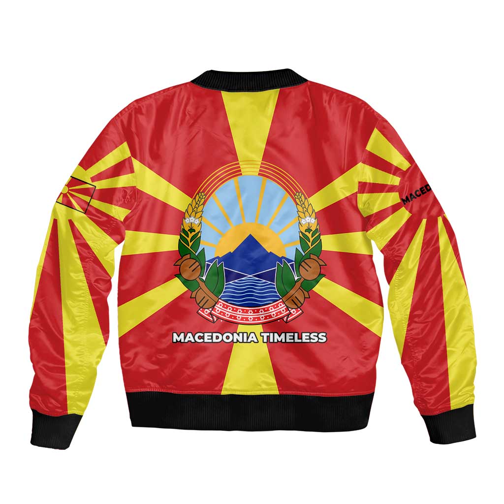 Macedonia Bomber Jacket with National Emblem and Sunburst Flag Design - Wonder Print Shop