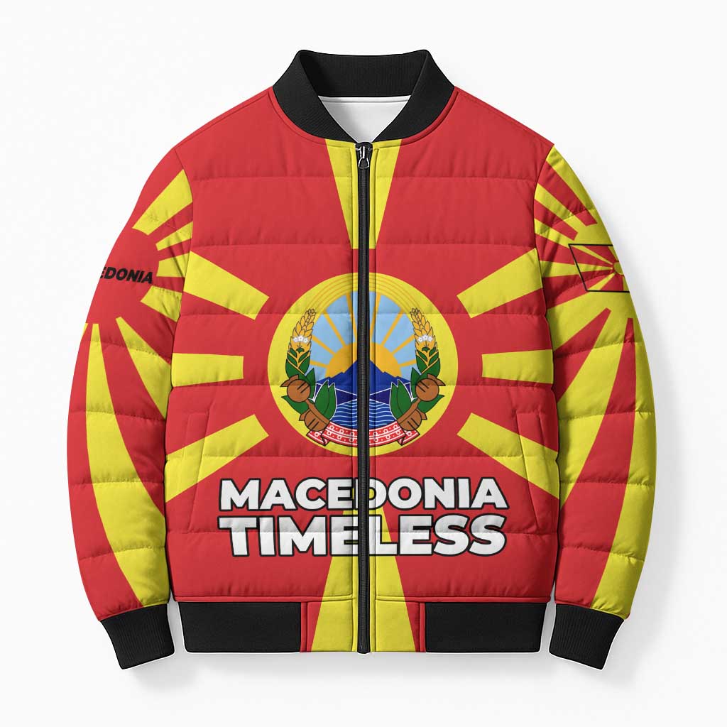 Macedonia Bomber Puffer Jacket with National Emblem and Sunburst Flag Design - Wonder Print Shop