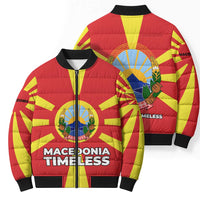 Macedonia Bomber Puffer Jacket with National Emblem and Sunburst Flag Design - Wonder Print Shop