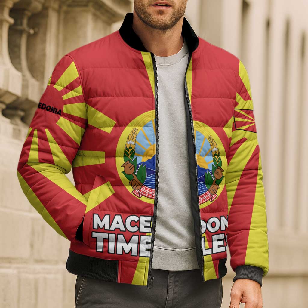 Macedonia Bomber Puffer Jacket with National Emblem and Sunburst Flag Design - Wonder Print Shop