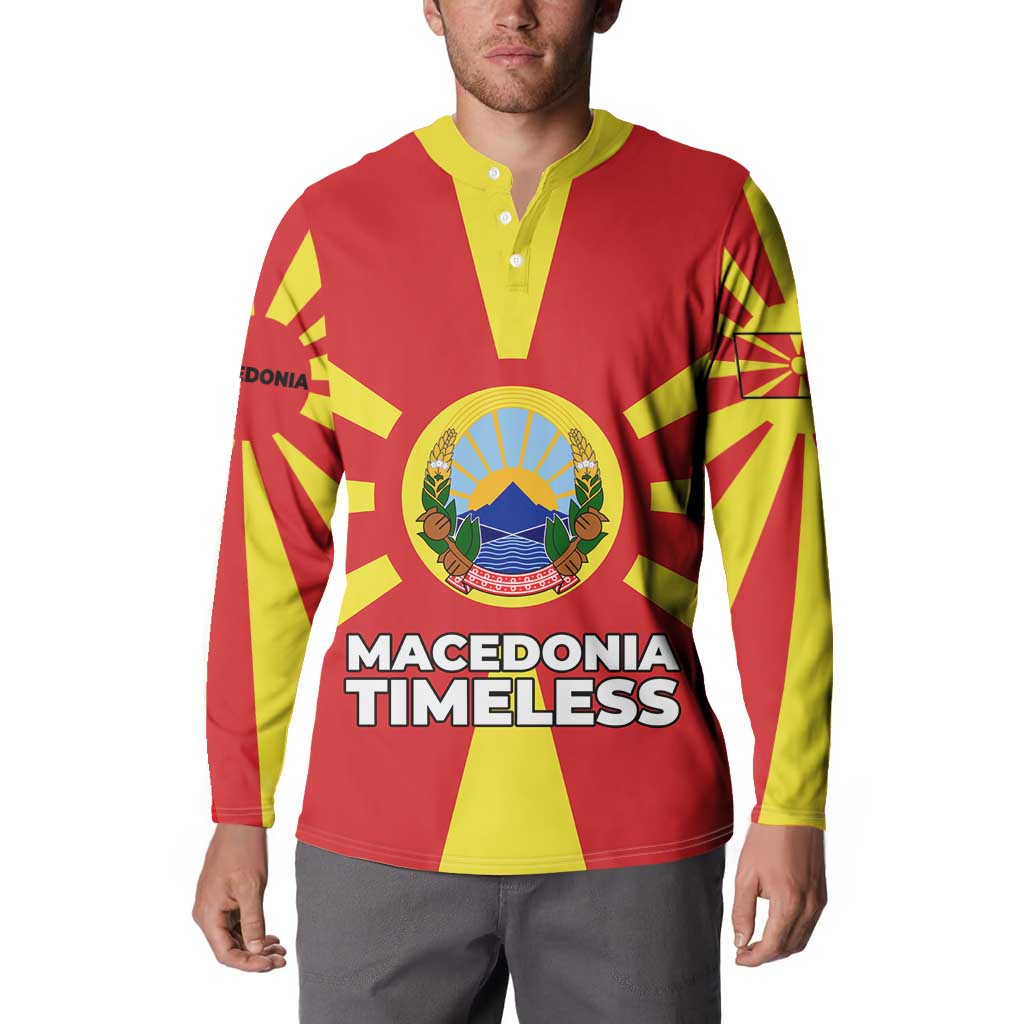 Macedonia Button Sweatshirt with National Emblem and Sunburst Flag Design - Wonder Print Shop