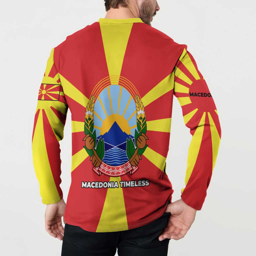 Macedonia Button Sweatshirt with National Emblem and Sunburst Flag Design - Wonder Print Shop