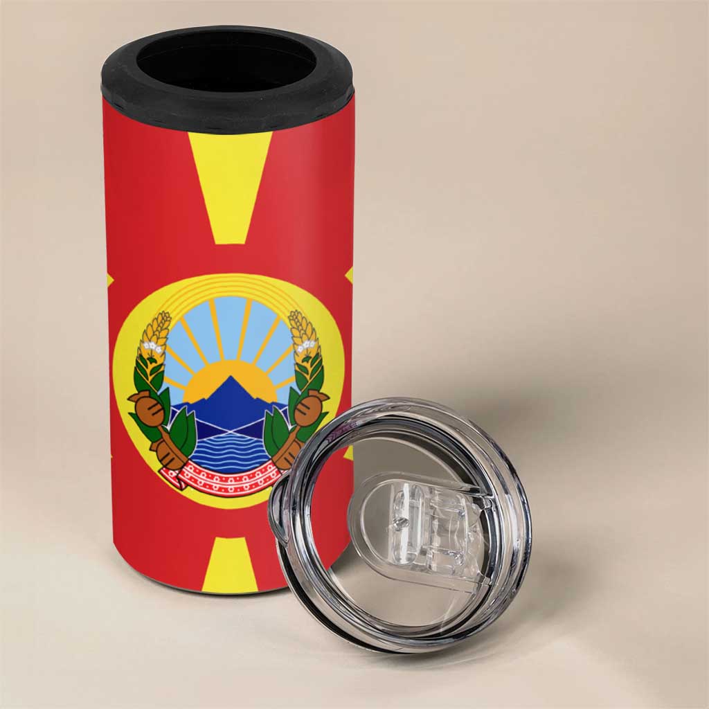 Macedonia 4 in 1 Can Cooler Tumbler with National Emblem and Sunburst Flag Design - Wonder Print Shop