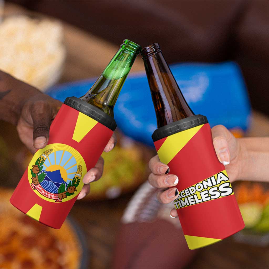 Macedonia 4 in 1 Can Cooler Tumbler with National Emblem and Sunburst Flag Design - Wonder Print Shop