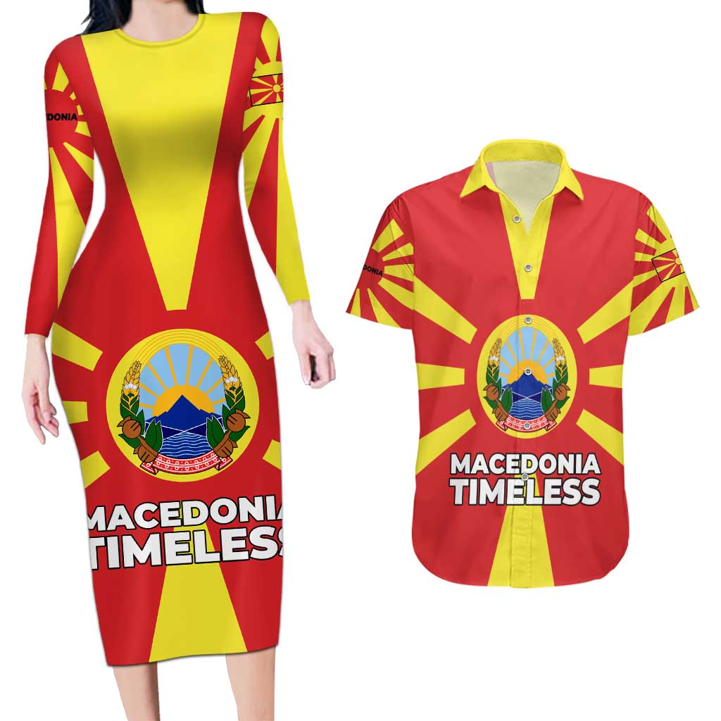 Macedonia Couples Matching Long Sleeve Bodycon Dress and Hawaiian Shirt with National Emblem and Sunburst Flag Design - Wonder Print Shop