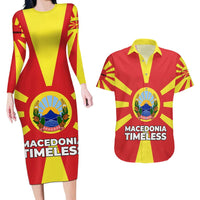 Macedonia Couples Matching Long Sleeve Bodycon Dress and Hawaiian Shirt with National Emblem and Sunburst Flag Design - Wonder Print Shop