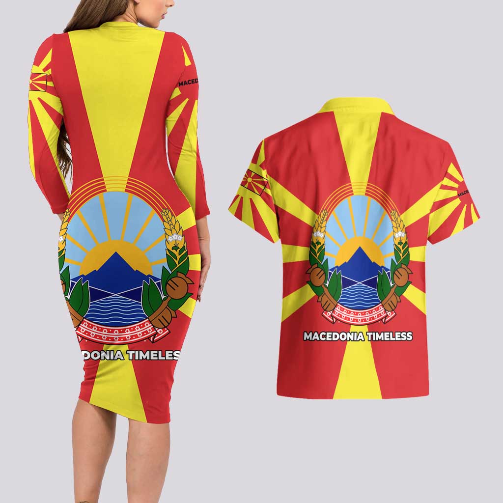 Macedonia Couples Matching Long Sleeve Bodycon Dress and Hawaiian Shirt with National Emblem and Sunburst Flag Design - Wonder Print Shop