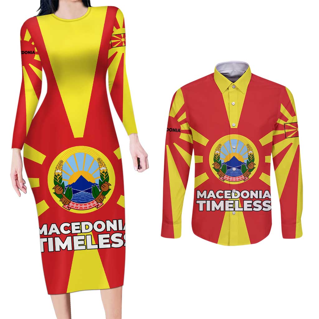 Macedonia Couples Matching Long Sleeve Bodycon Dress and Long Sleeve Button Shirt with National Emblem and Sunburst Flag Design - Wonder Print Shop