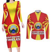 Macedonia Couples Matching Long Sleeve Bodycon Dress and Long Sleeve Button Shirt with National Emblem and Sunburst Flag Design - Wonder Print Shop