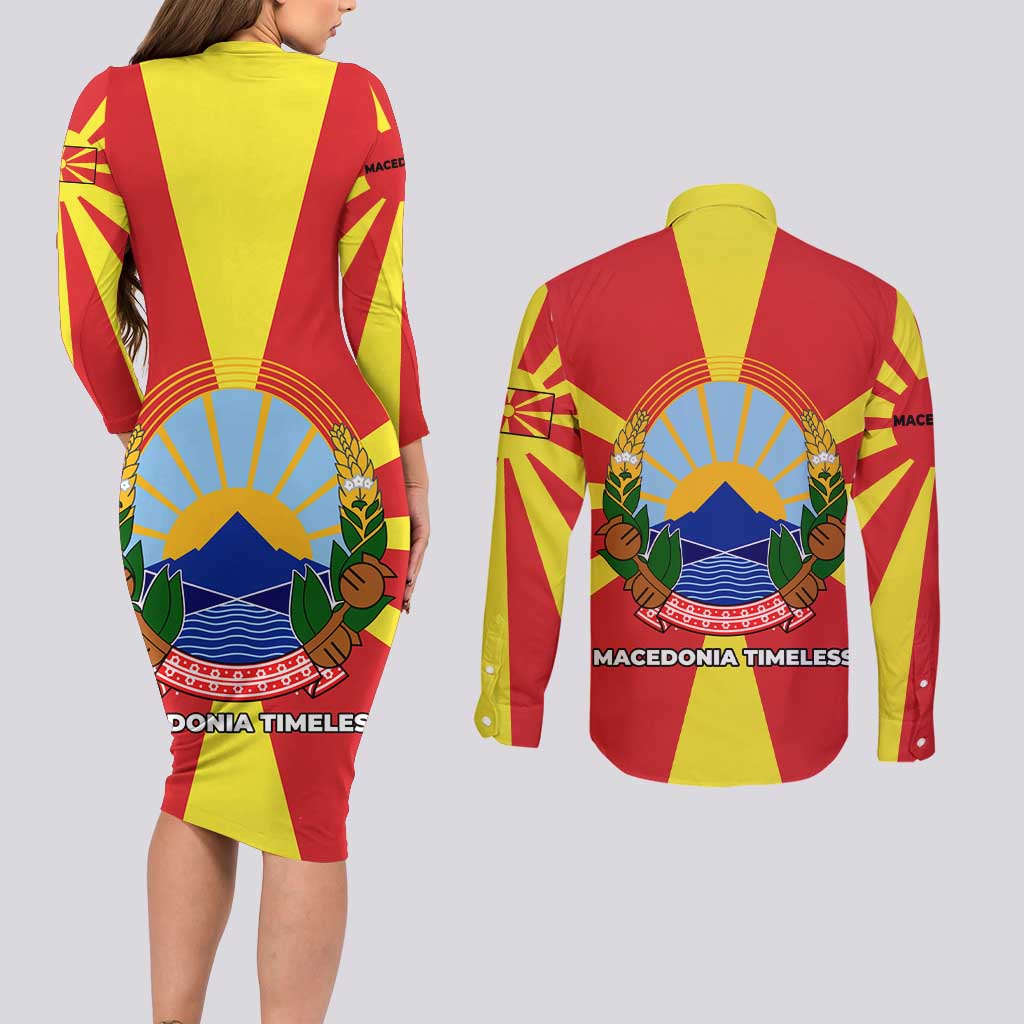 Macedonia Couples Matching Long Sleeve Bodycon Dress and Long Sleeve Button Shirt with National Emblem and Sunburst Flag Design - Wonder Print Shop