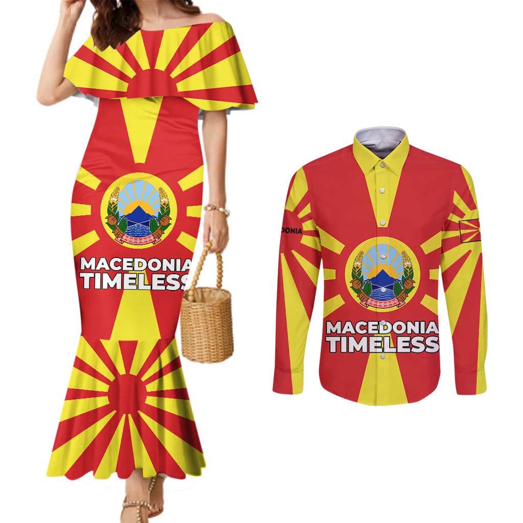 Macedonia Couples Matching Mermaid Dress and Long Sleeve Button Shirt with National Emblem and Sunburst Flag Design - Wonder Print Shop