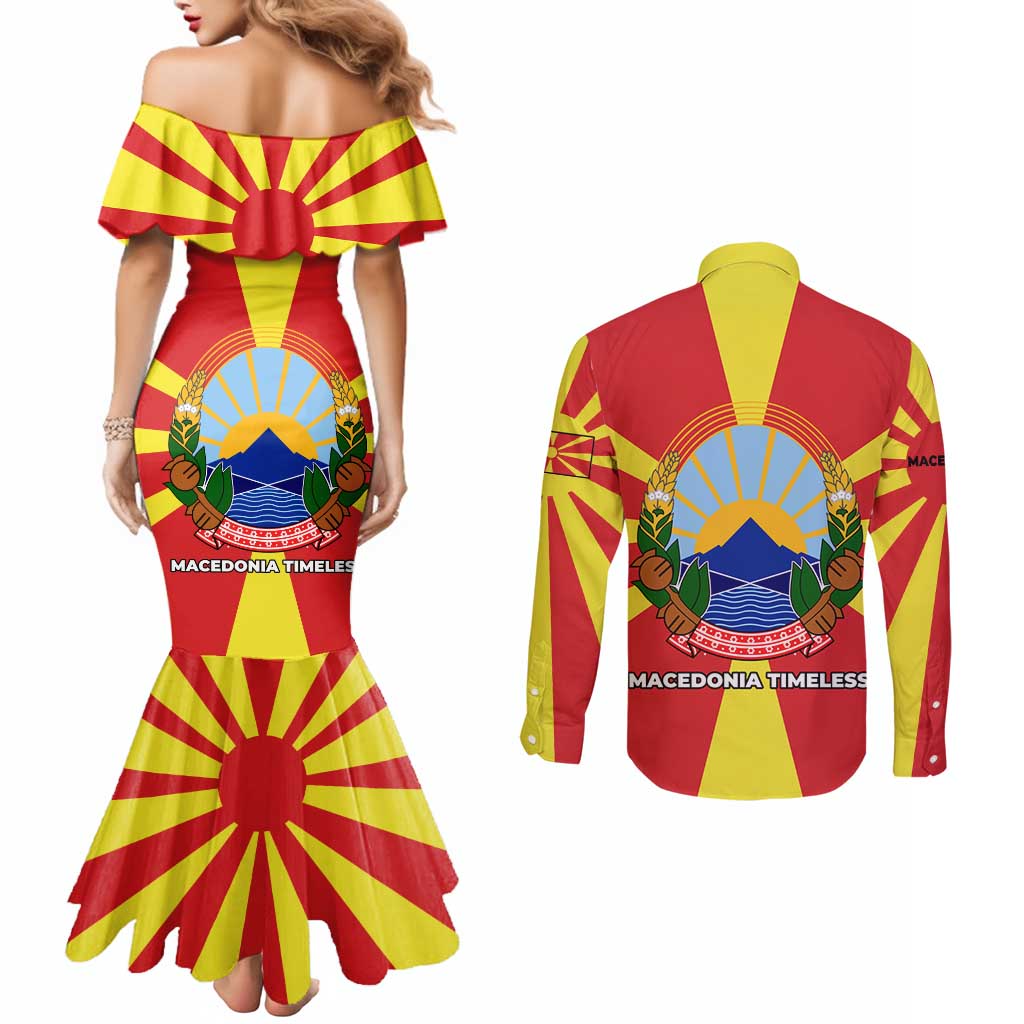 Macedonia Couples Matching Mermaid Dress and Long Sleeve Button Shirt with National Emblem and Sunburst Flag Design - Wonder Print Shop