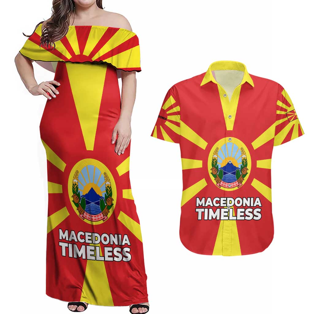 Macedonia Couples Matching Off Shoulder Maxi Dress and Hawaiian Shirt with National Emblem and Sunburst Flag Design - Wonder Print Shop