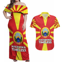 Macedonia Couples Matching Off Shoulder Maxi Dress and Hawaiian Shirt with National Emblem and Sunburst Flag Design - Wonder Print Shop