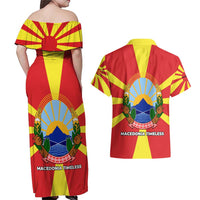 Macedonia Couples Matching Off Shoulder Maxi Dress and Hawaiian Shirt with National Emblem and Sunburst Flag Design - Wonder Print Shop