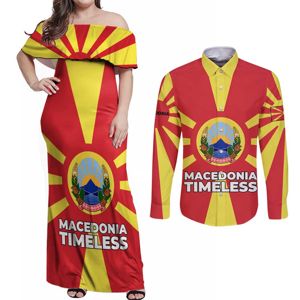Macedonia Couples Matching Off Shoulder Maxi Dress and Long Sleeve Button Shirt with National Emblem and Sunburst Flag Design - Wonder Print Shop