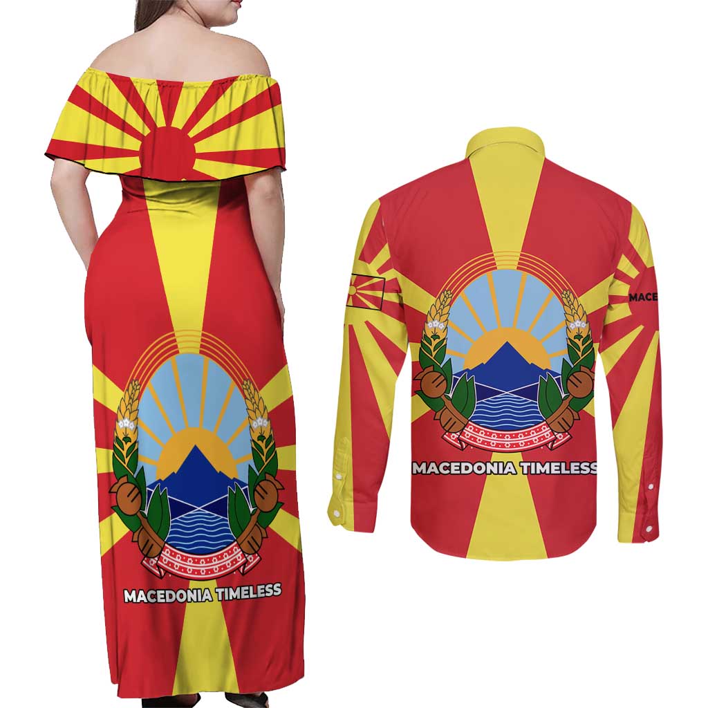 Macedonia Couples Matching Off Shoulder Maxi Dress and Long Sleeve Button Shirt with National Emblem and Sunburst Flag Design - Wonder Print Shop