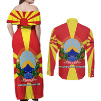 Macedonia Couples Matching Off Shoulder Maxi Dress and Long Sleeve Button Shirt with National Emblem and Sunburst Flag Design - Wonder Print Shop