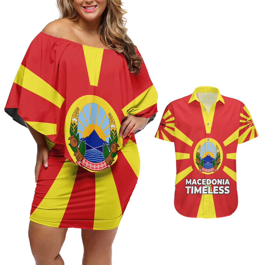 Macedonia Couples Matching Off Shoulder Short Dress and Hawaiian Shirt with National Emblem and Sunburst Flag Design - Wonder Print Shop