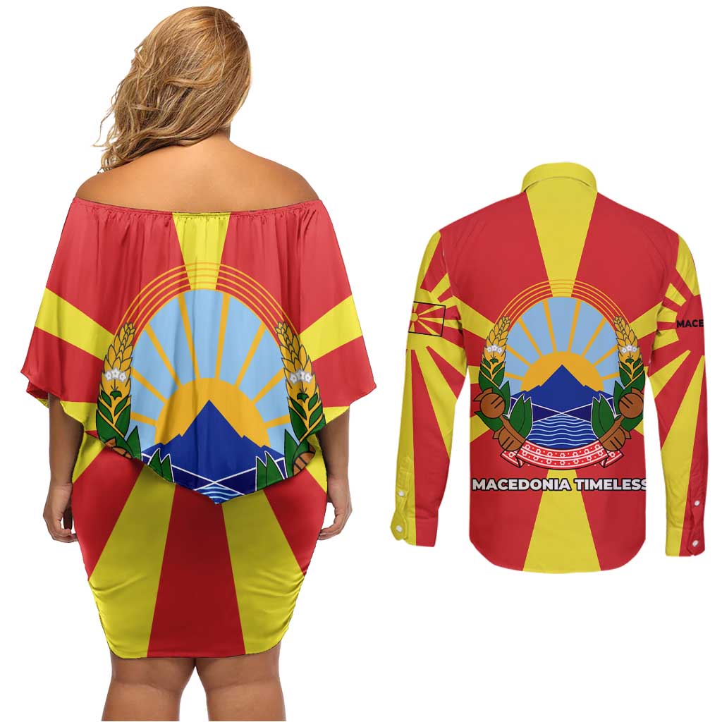Macedonia Couples Matching Off Shoulder Short Dress and Long Sleeve Button Shirt with National Emblem and Sunburst Flag Design - Wonder Print Shop