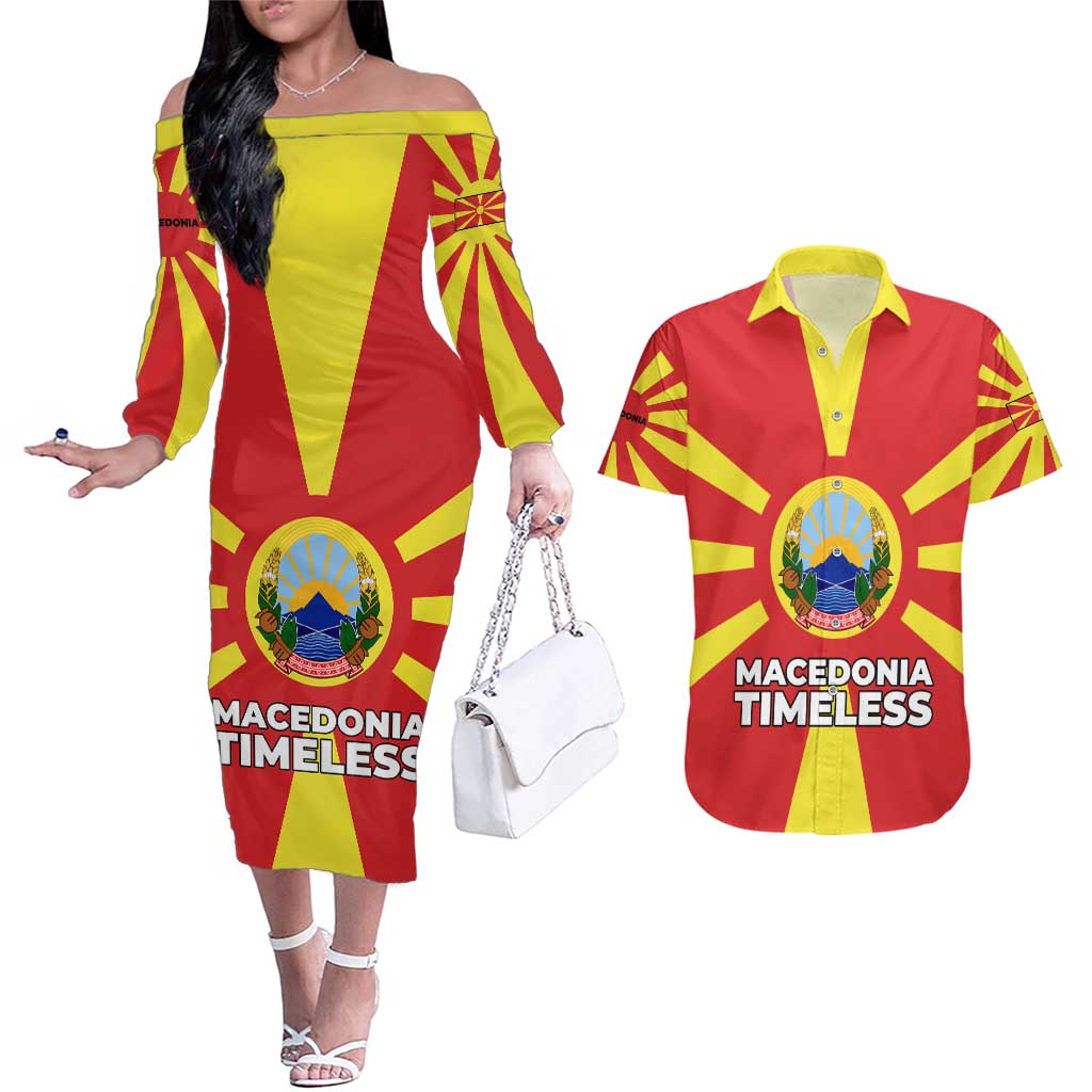 Macedonia Couples Matching Off The Shoulder Long Sleeve Dress and Hawaiian Shirt with National Emblem and Sunburst Flag Design - Wonder Print Shop