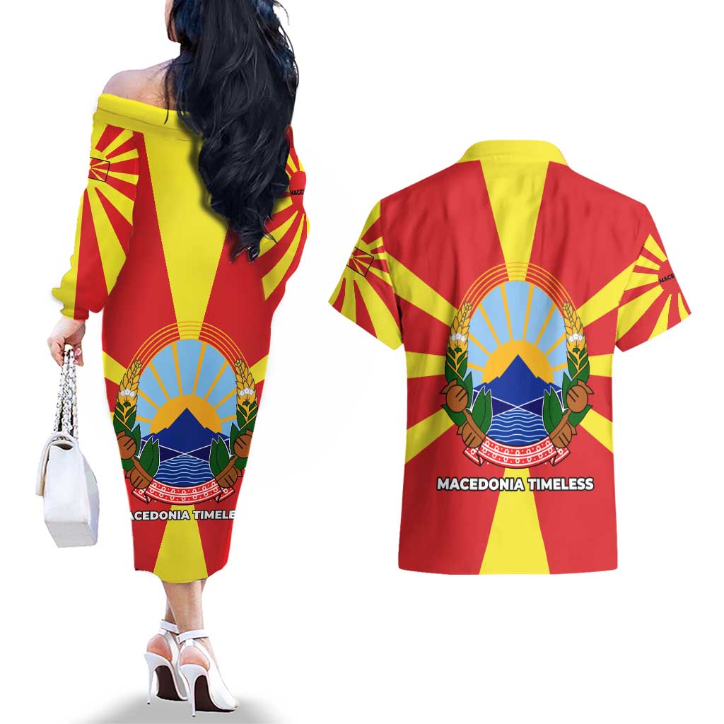 Macedonia Couples Matching Off The Shoulder Long Sleeve Dress and Hawaiian Shirt with National Emblem and Sunburst Flag Design - Wonder Print Shop