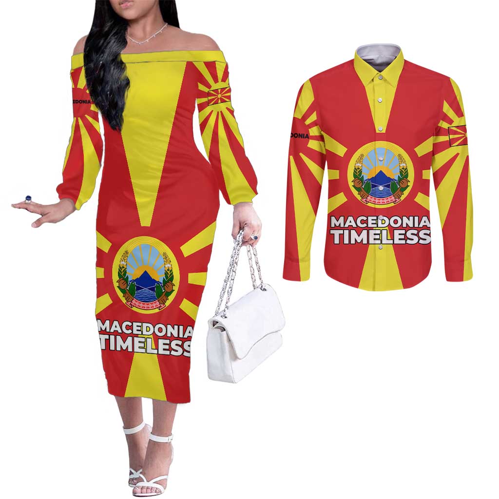 Macedonia Couples Matching Off The Shoulder Long Sleeve Dress and Long Sleeve Button Shirt with National Emblem and Sunburst Flag Design - Wonder Print Shop