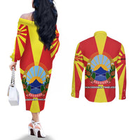Macedonia Couples Matching Off The Shoulder Long Sleeve Dress and Long Sleeve Button Shirt with National Emblem and Sunburst Flag Design - Wonder Print Shop