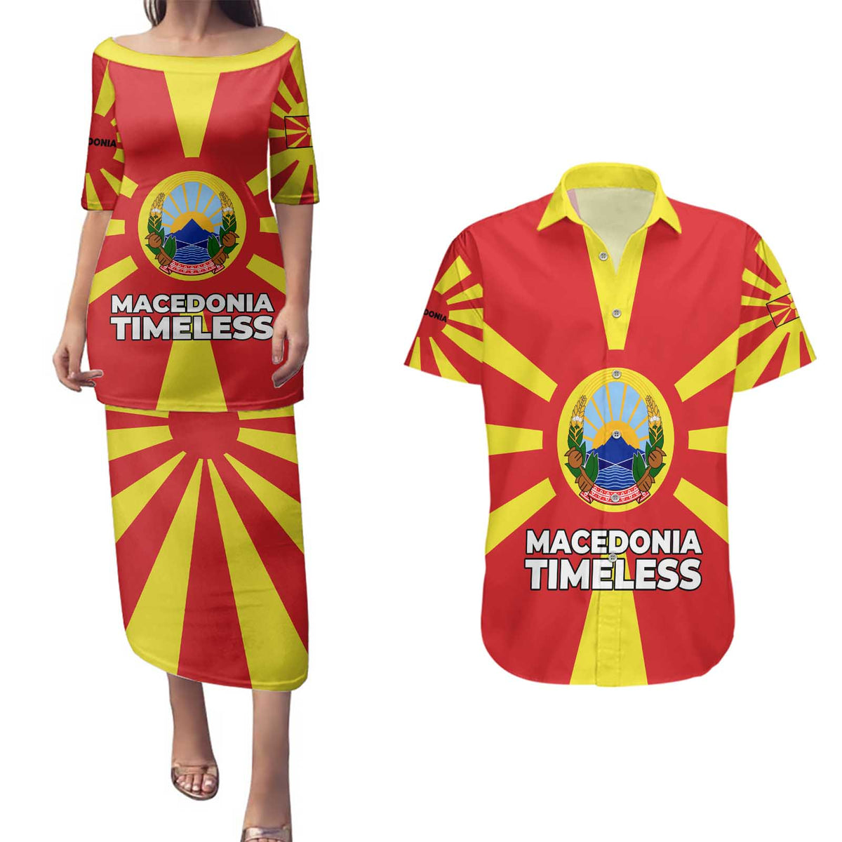 Macedonia Couples Matching Puletasi and Hawaiian Shirt with National Emblem and Sunburst Flag Design - Wonder Print Shop