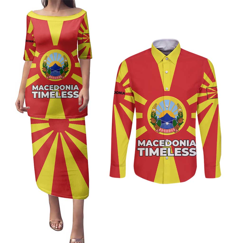 Macedonia Couples Matching Puletasi and Long Sleeve Button Shirt with National Emblem and Sunburst Flag Design - Wonder Print Shop