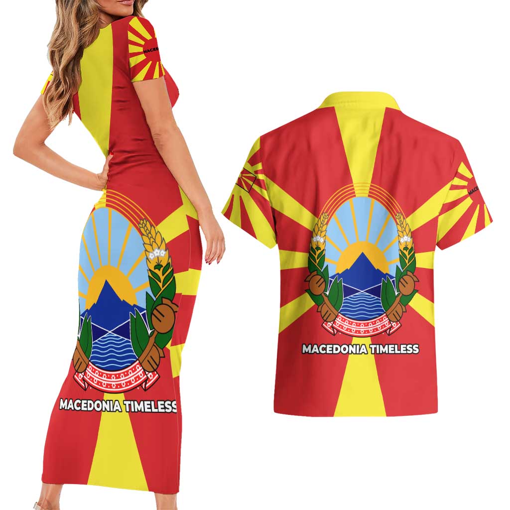 Macedonia Couples Matching Short Sleeve Bodycon Dress and Hawaiian Shirt with National Emblem and Sunburst Flag Design - Wonder Print Shop