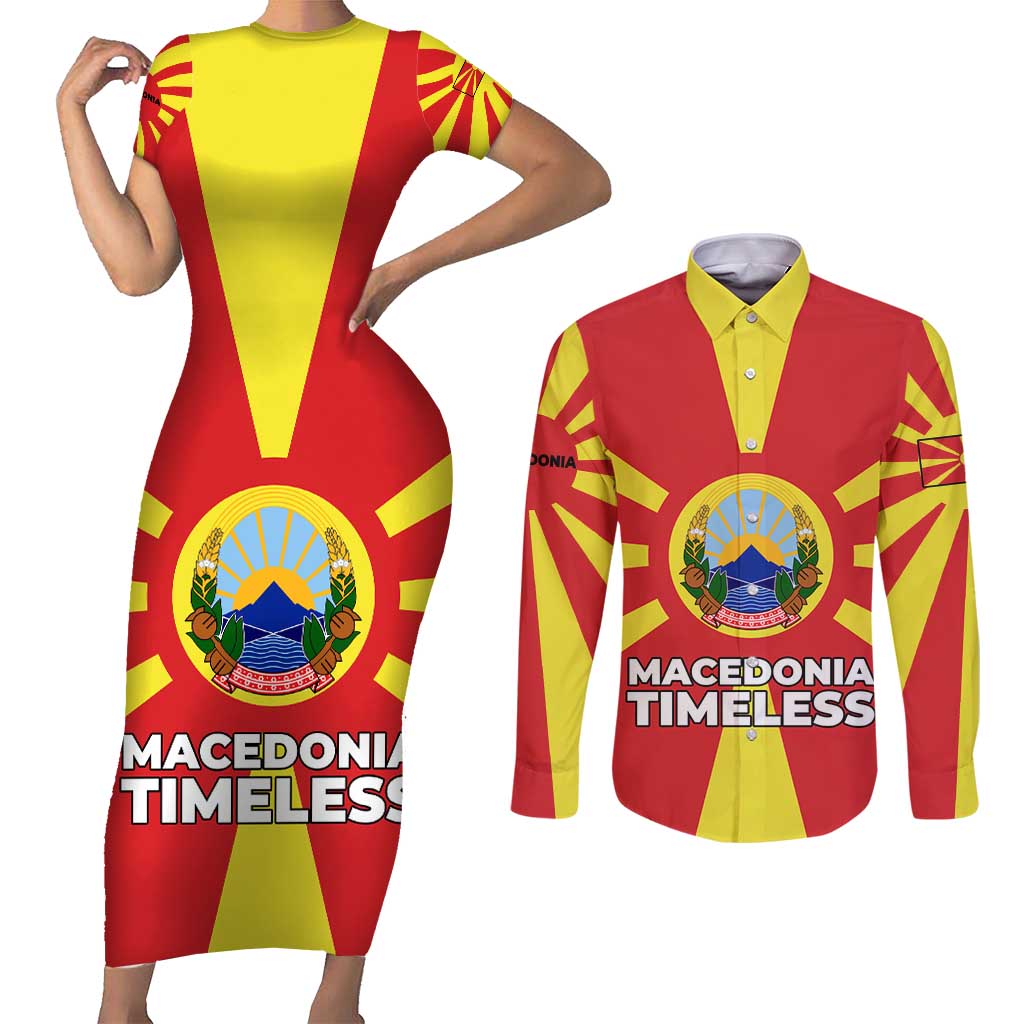 Macedonia Couples Matching Short Sleeve Bodycon Dress and Long Sleeve Button Shirt with National Emblem and Sunburst Flag Design - Wonder Print Shop