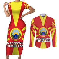 Macedonia Couples Matching Short Sleeve Bodycon Dress and Long Sleeve Button Shirt with National Emblem and Sunburst Flag Design - Wonder Print Shop