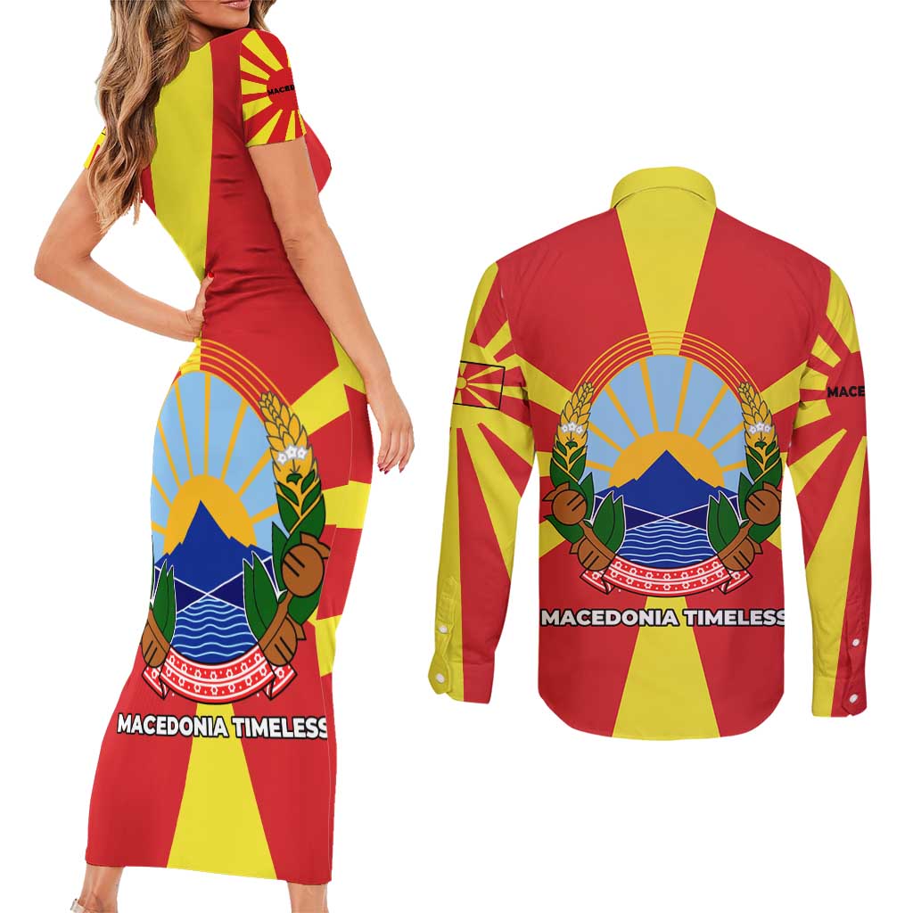 Macedonia Couples Matching Short Sleeve Bodycon Dress and Long Sleeve Button Shirt with National Emblem and Sunburst Flag Design - Wonder Print Shop