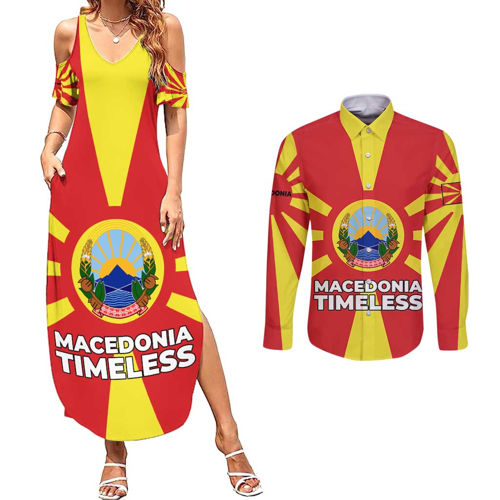 Macedonia Couples Matching Summer Maxi Dress and Long Sleeve Button Shirt with National Emblem and Sunburst Flag Design - Wonder Print Shop