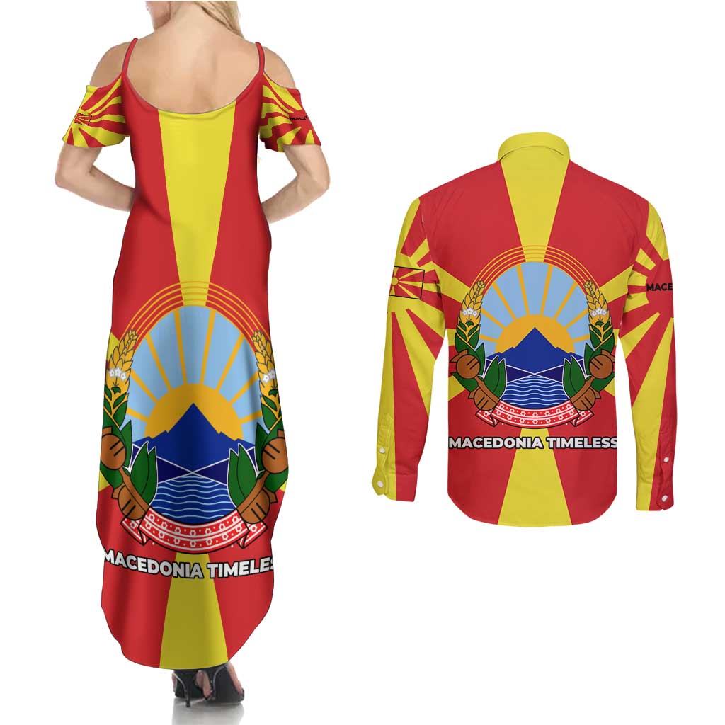 Macedonia Couples Matching Summer Maxi Dress and Long Sleeve Button Shirt with National Emblem and Sunburst Flag Design - Wonder Print Shop