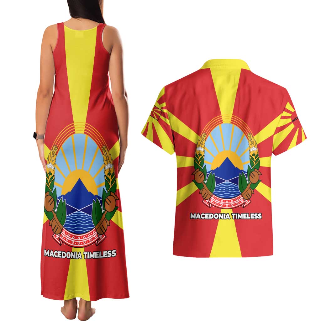 Macedonia Couples Matching Tank Maxi Dress and Hawaiian Shirt with National Emblem and Sunburst Flag Design - Wonder Print Shop