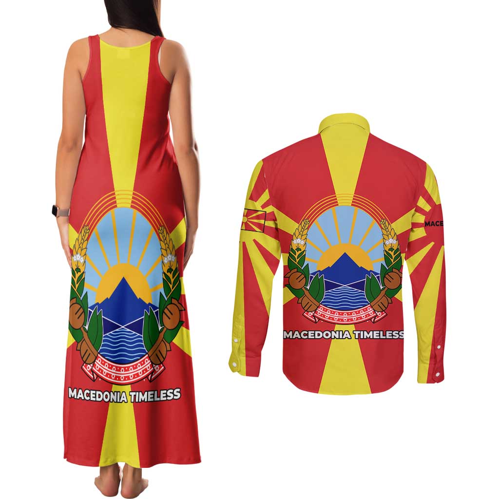Macedonia Couples Matching Tank Maxi Dress and Long Sleeve Button Shirt with National Emblem and Sunburst Flag Design - Wonder Print Shop