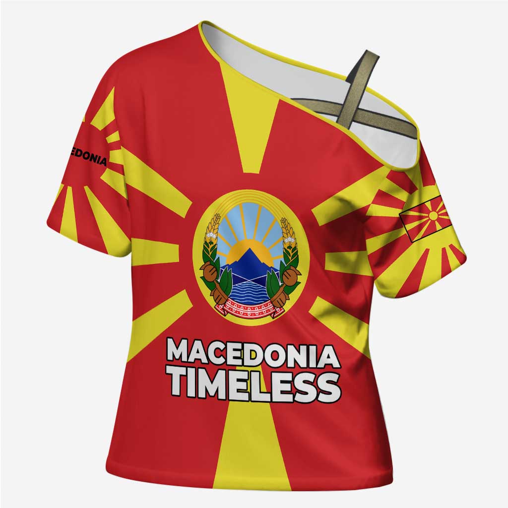 Macedonia Cross Shoulder Shirt with National Emblem and Sunburst Flag Design - Wonder Print Shop