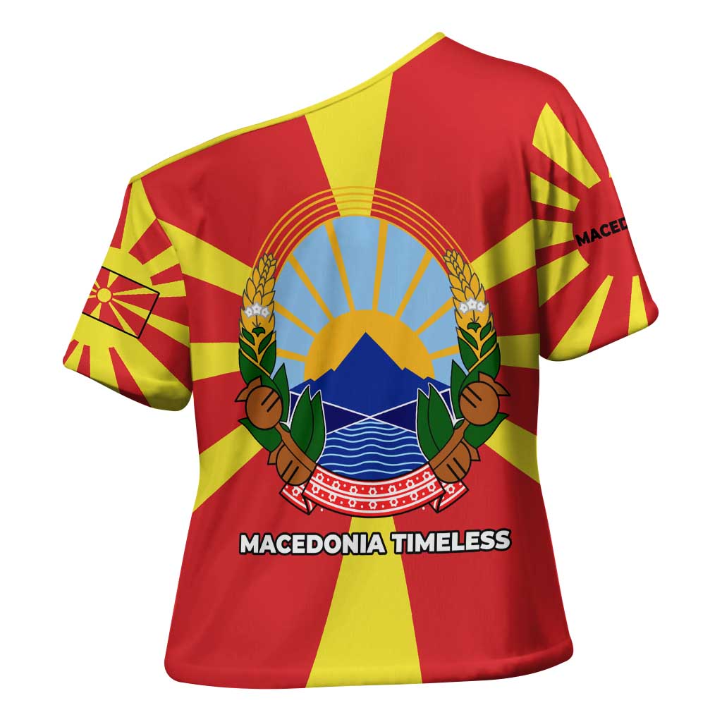 Macedonia Cross Shoulder Shirt with National Emblem and Sunburst Flag Design - Wonder Print Shop