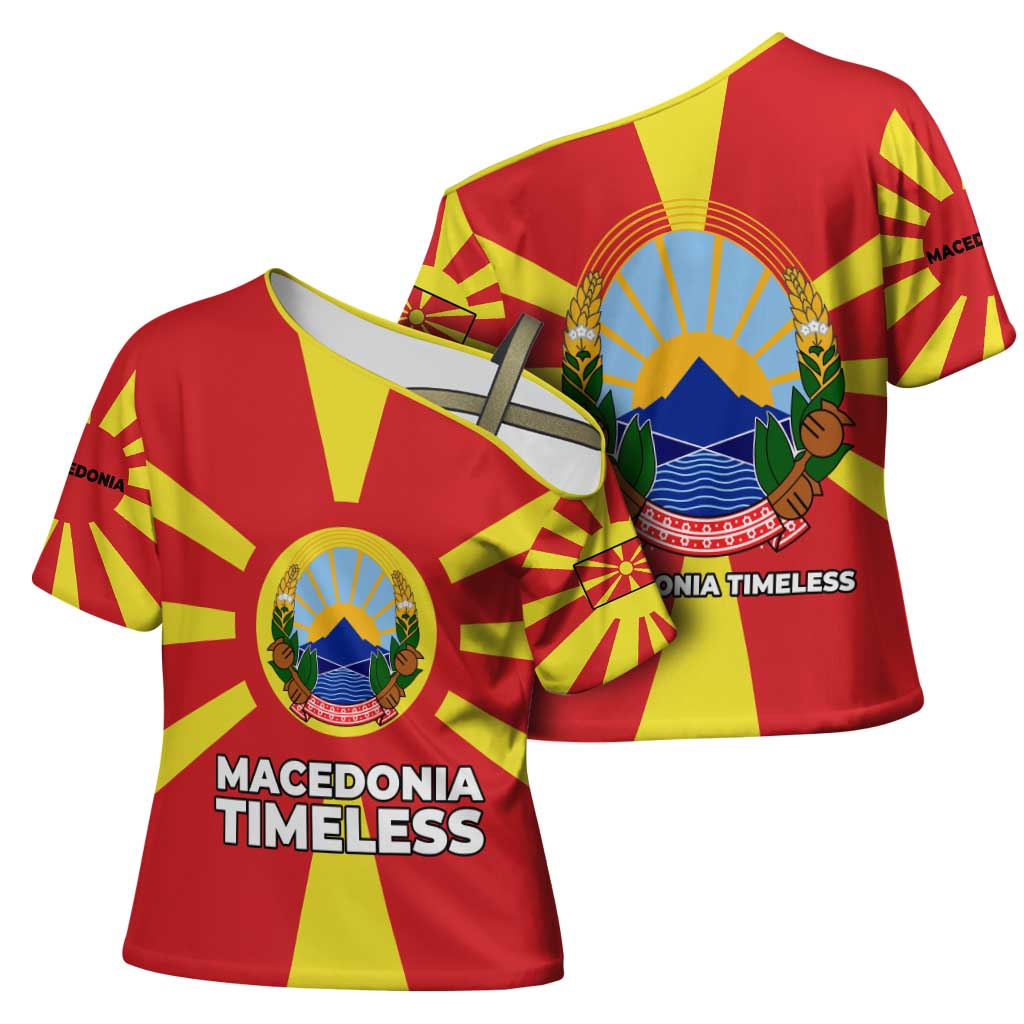 Macedonia Cross Shoulder Shirt with National Emblem and Sunburst Flag Design - Wonder Print Shop