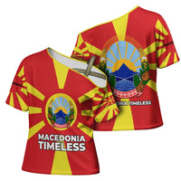 Macedonia Cross Shoulder Shirt with National Emblem and Sunburst Flag Design - Wonder Print Shop