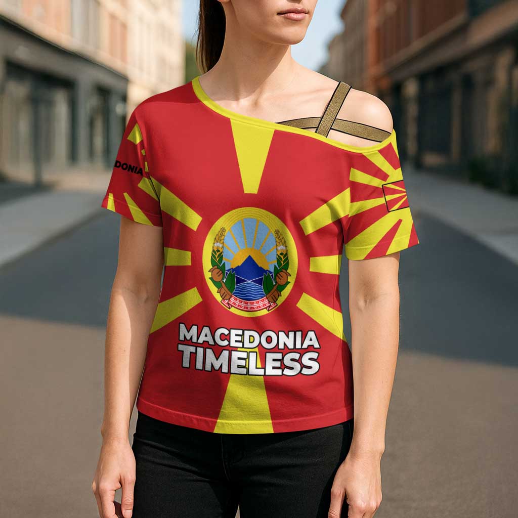Macedonia Cross Shoulder Shirt with National Emblem and Sunburst Flag Design - Wonder Print Shop