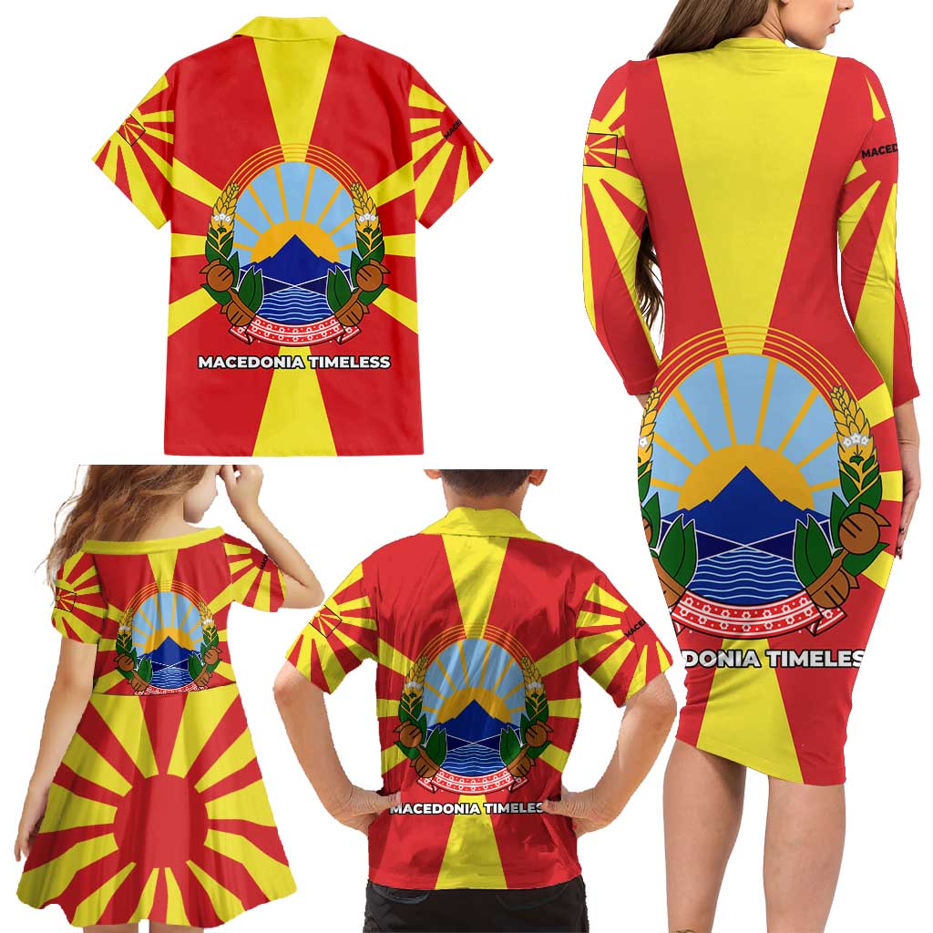 Macedonia Family Matching Long Sleeve Bodycon Dress and Hawaiian Shirt with National Emblem and Sunburst Flag Design - Wonder Print Shop