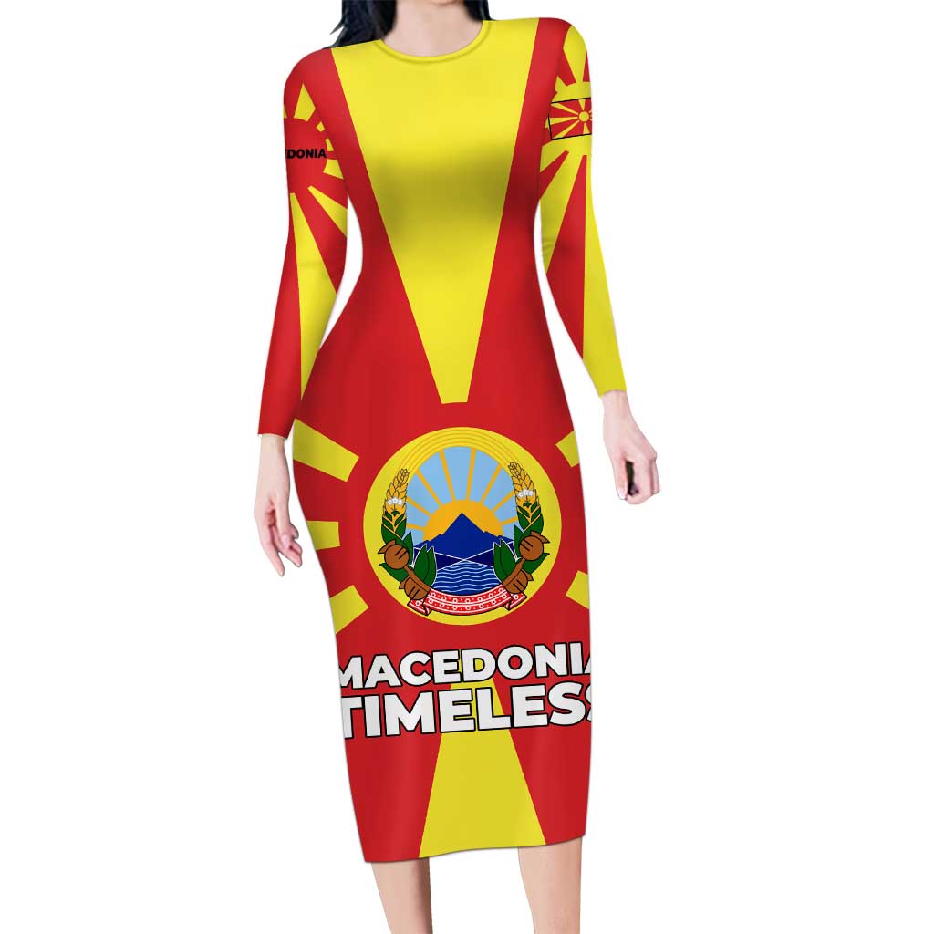 Macedonia Family Matching Long Sleeve Bodycon Dress and Hawaiian Shirt with National Emblem and Sunburst Flag Design - Wonder Print Shop