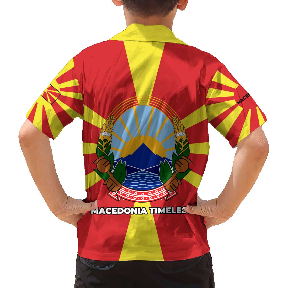 Macedonia Family Matching Off The Shoulder Long Sleeve Dress and Hawaiian Shirt with National Emblem and Sunburst Flag Design - Wonder Print Shop
