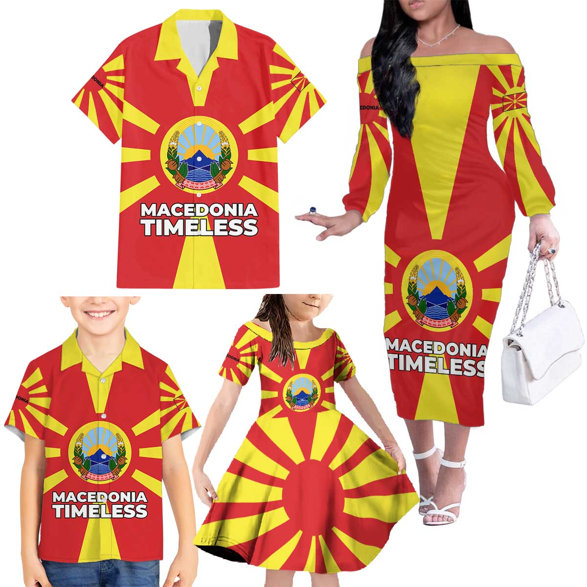 Macedonia Family Matching Off The Shoulder Long Sleeve Dress and Hawaiian Shirt with National Emblem and Sunburst Flag Design - Wonder Print Shop