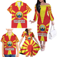 Macedonia Family Matching Off The Shoulder Long Sleeve Dress and Hawaiian Shirt with National Emblem and Sunburst Flag Design - Wonder Print Shop