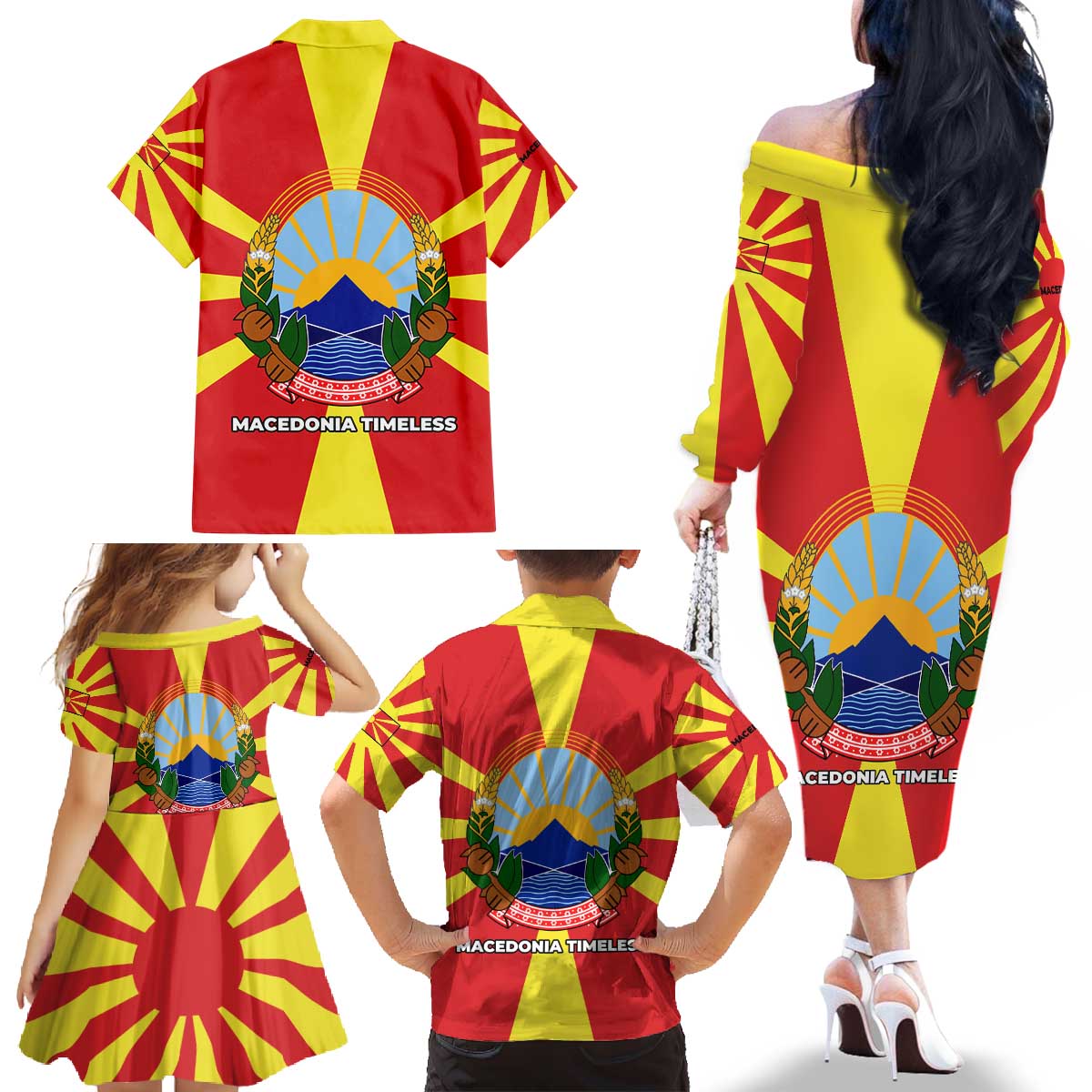 Macedonia Family Matching Off The Shoulder Long Sleeve Dress and Hawaiian Shirt with National Emblem and Sunburst Flag Design - Wonder Print Shop